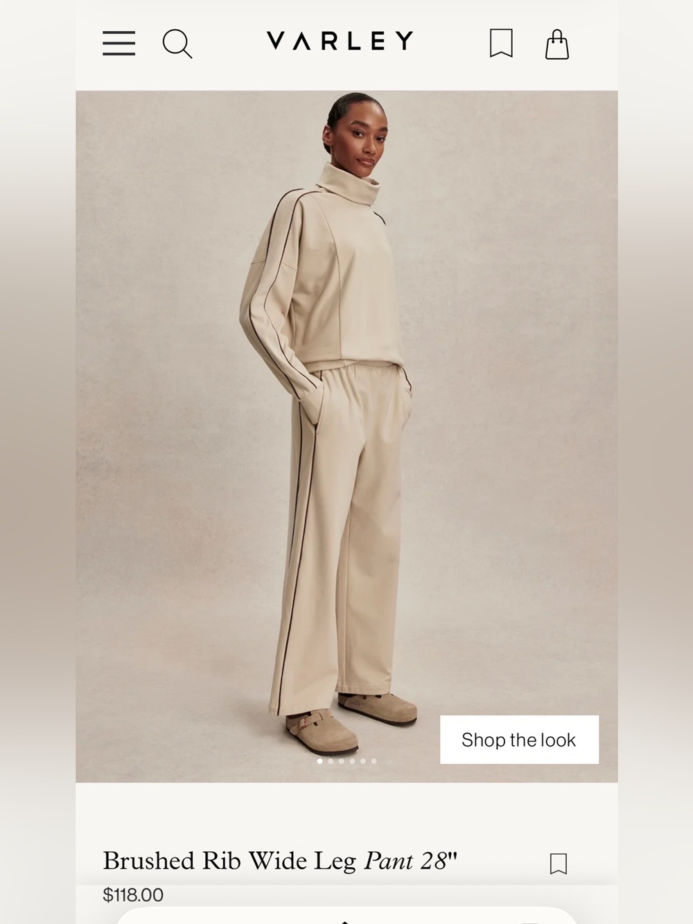 Varley Brushed Rib Wide Leg Pant in Cream with Side Stripe NWT M 28 inch inseam.
